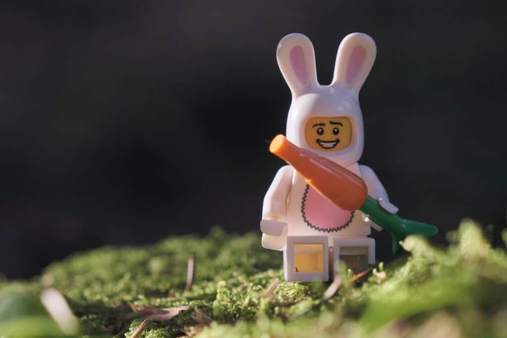 Lego bunny man with carrot. 