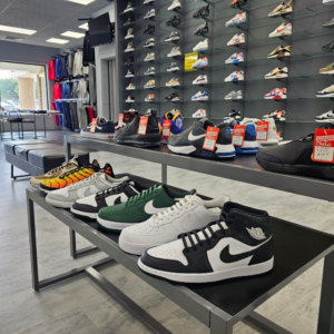 In-store photo of sneakers by nike and other brands at Legends Sneakers in Charlottesville, VA