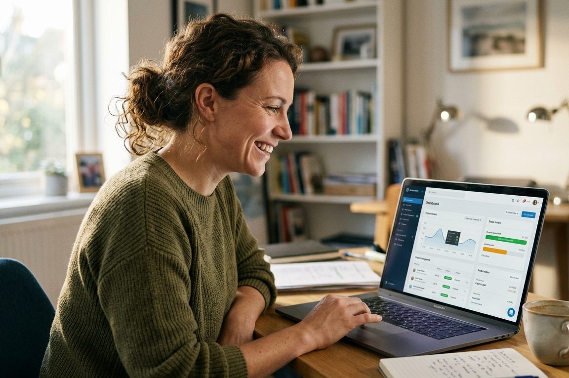 A person interacts with a futuristic interface displaying business metrics like marketing, production, and team goals.